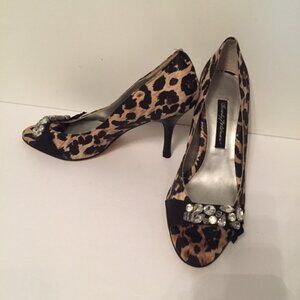 BEVERLY FELDMAN SHOES HEELS PEEP-TOE BLACK TAN ANIMAL PRINT BLING